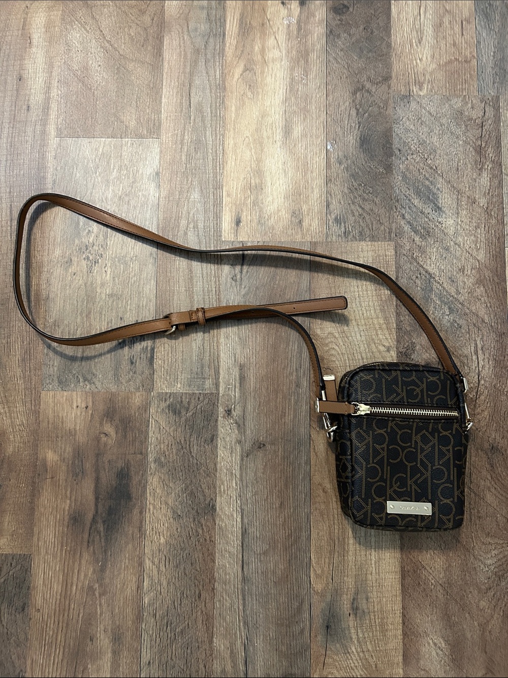 Calvin Klein Brown Monogram Mini Crossbody Bag with Tan Strap